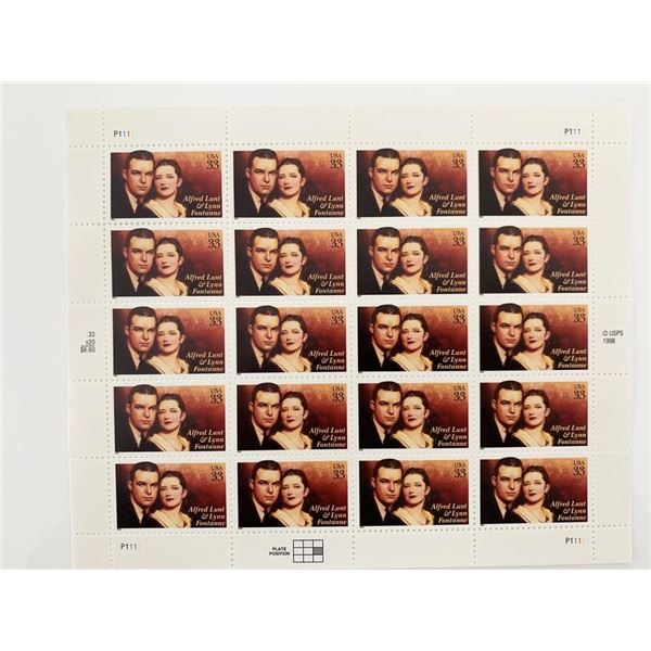 Alfred Lunt & Lynn Fontanne 20 x 33 Cent US Postage Stamps Scot #3287