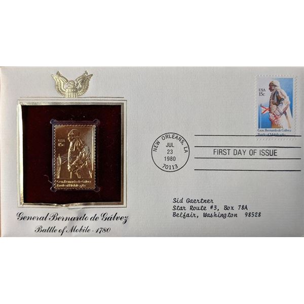 General Bernardo de Galvez Battle of Mobile, 1780 Gold Stamp Replica First Day Cover