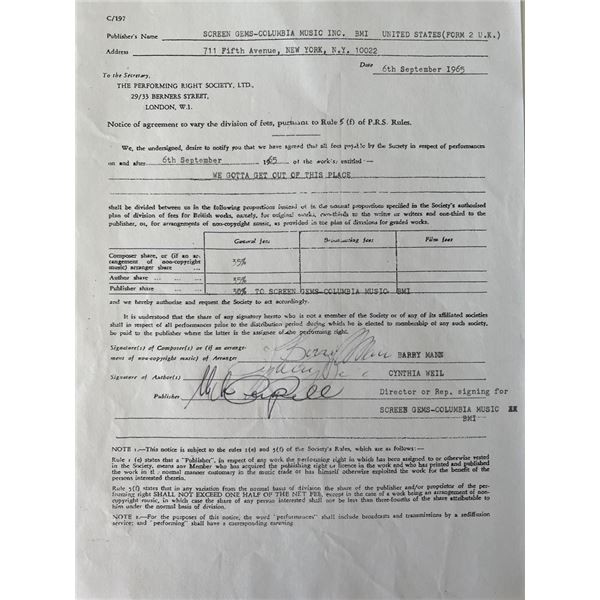 We Gotta Get Out Of This Place  Writers Barry Mann and Cynthia Weil signed contract