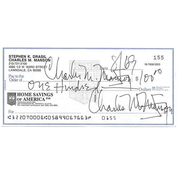 Cult Leader Charles Manson Signed Check