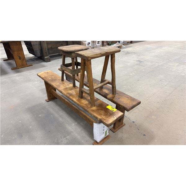 (2) WOOD BENCHES & (2) WOOD STOOLS
