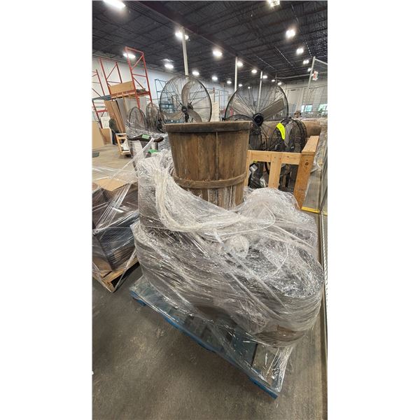 PALLET OF ASSORTED OAK BARREL SHOW PROPS