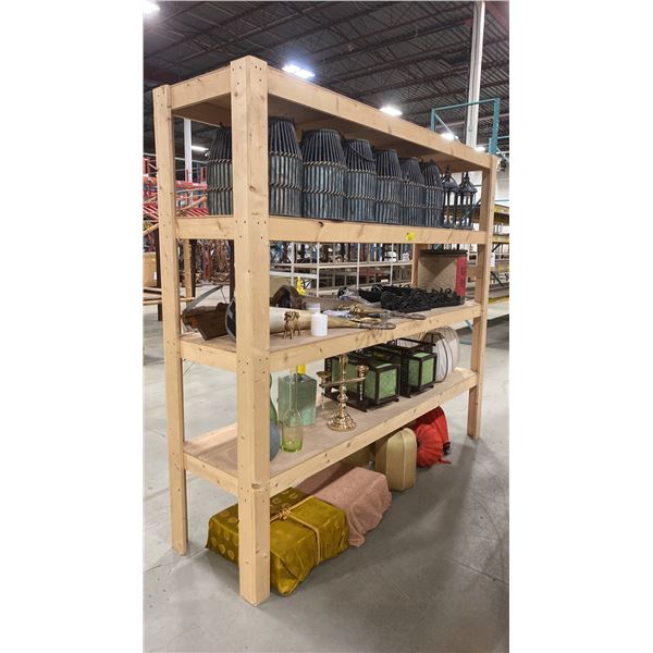 4-TIER WOOD SHELVING UNIT WITH ASSORTED SHOW PROP CONTENTS