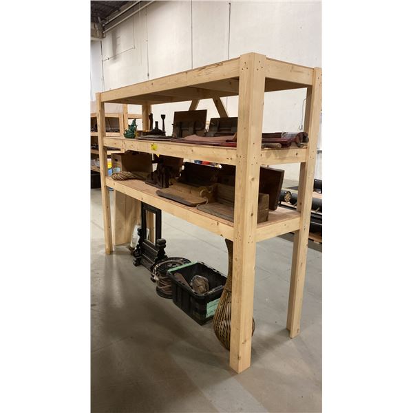 3-TIER WOOD SHELVING UNIT WITH ASSORTED SHOW PROP CONTENTS