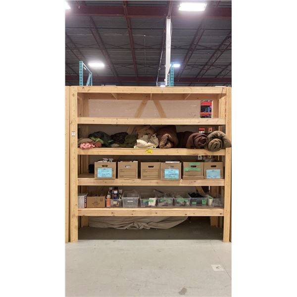 5-TIER WOOD SHELVING UNIT WITH ASSORTED SHOW PROP CONTENTS