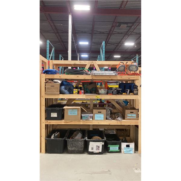 3-TIER WOOD SHELVING UNIT WITH ASSORTED SHOW PROP CONTENTS