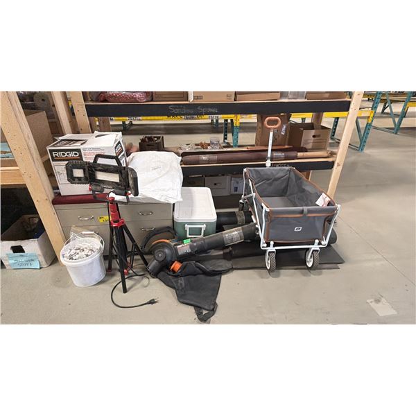 ASSORTED ITEMS INCLUDING; FOLDING WAGON, FLOOR MATS, COOLER, HUSKY TRIPOD WORK LIGHT & MORE