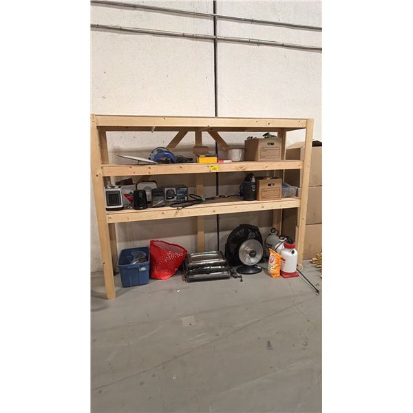 3-TIER WOOD SHELVING UNIT WITH ASSORTED CONTENTS