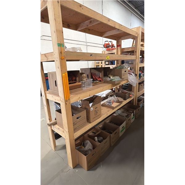 4-TIER WOOD SHELVING UNIT WITH ASSORTED SHOW PROP CONTENTS