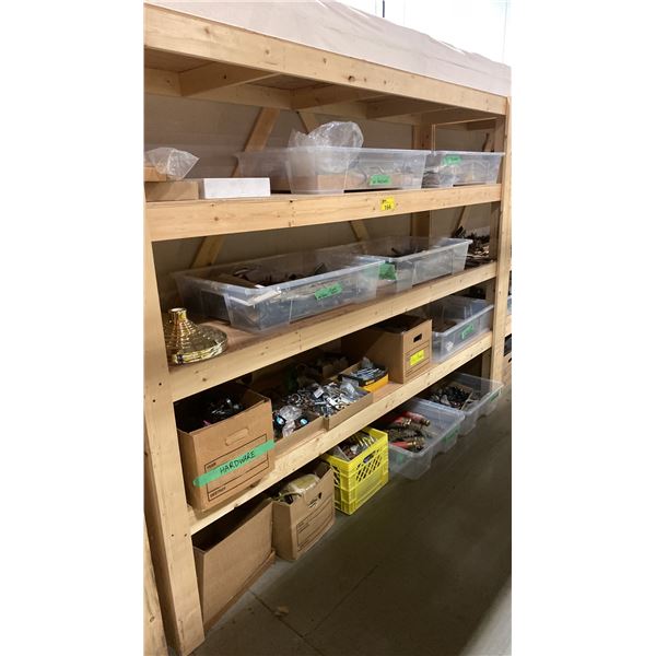4-TIER WOOD SHELVING UNIT WITH ASSORTED SHOW PROP CONTENTS