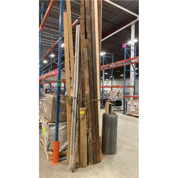 ASSORTED PIECES OF WOOD, METAL TUBES & ROLL OF METAL MESH