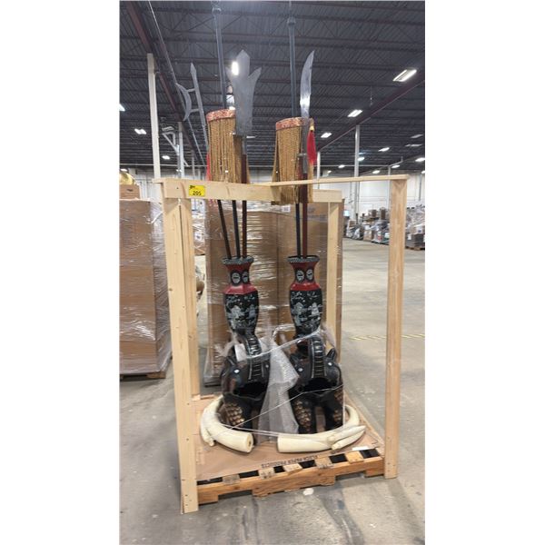 PAIR OF CHINESE ELEPHANT MOTIF PLANT STANDS, PAIR OF CHINESE MOTIF VASES & LARGE PROP WEAPONS