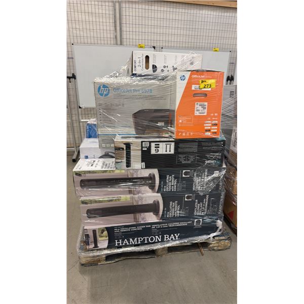 PALLET OF ASSORTED ITEMS INCLUDING; PRINTERS, TOWER FANS & MORE