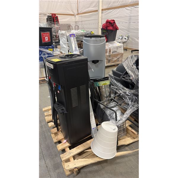 PALLET OF ASSORTED ITEMS INCLUDING; WATER DISPENSERS, CHAIR BASES & MORE