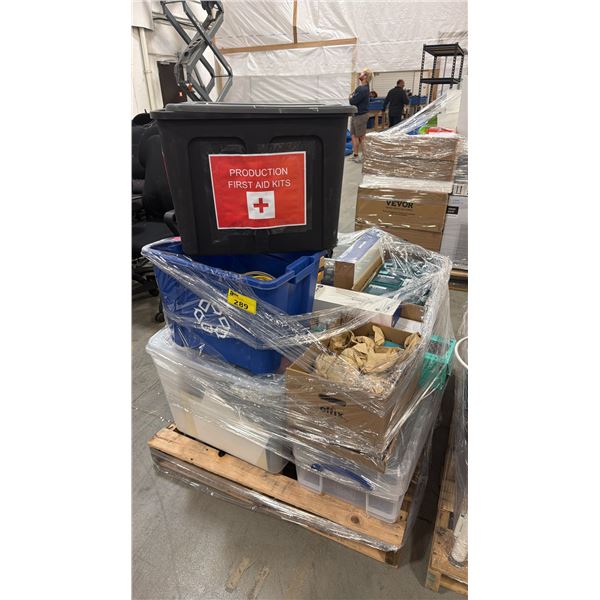 PALLET OF ASSORTED ITEMS INCLUDING; FIRST AID KIT, RECYCLE BIN, TP-LINK MESH WI-FI EXTENDERS & MORE