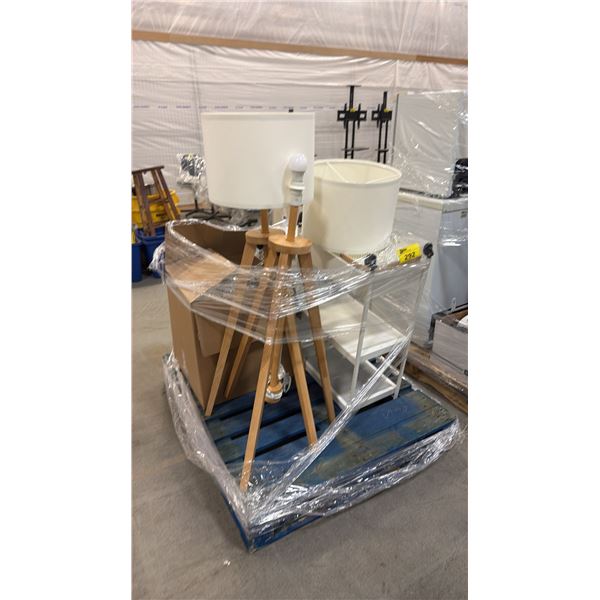 PALLET OF ASSORTED ITEMS INCLUDING; SHELVING UNIT, FLOOR LAMPS, AIR CONDITIONER & MORE