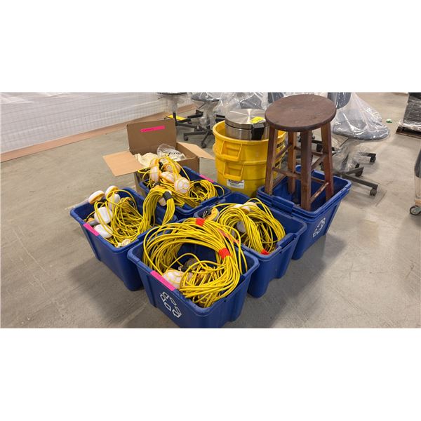 PALLET OF ASSORTED ITEMS INCLUDING; WASTE BINS, EXTENSION CORDS, STOOL & MORE