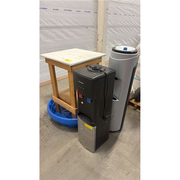 ASSORTED ITEMS INCLUDING; WATER COOLERS, SMALL TABLE & PET POOL