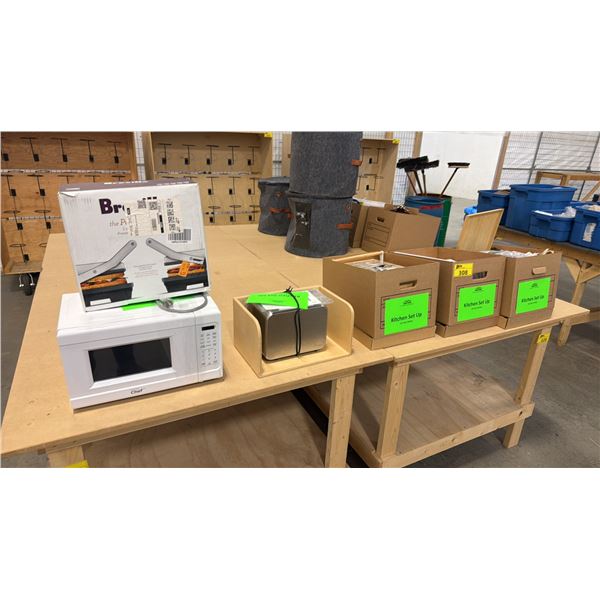 ASSORTED ITEMS INCLUDING; BREVILLE PANINI PRESS, MASTER CHEF MICROWAVE, TOASTER, FLATWARE & MORE