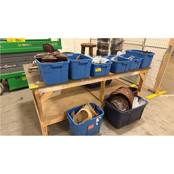 CONTENTS OF TABLE & FLOOR INCLUDING; WAGON WHEELS, STOOL, WOOD BUCKETS & MORE