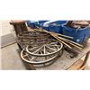 Image 2 : CONTENTS OF TABLE & FLOOR INCLUDING; WAGON WHEELS, STOOL, WOOD BUCKETS & MORE