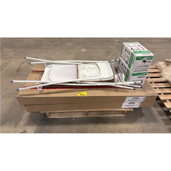 PALLET OF ASSORTED ITEMS INCLUDING; FOLDING CHAIR, LAWN & GARDEN SPRAYERS, MIRRORS & MORE
