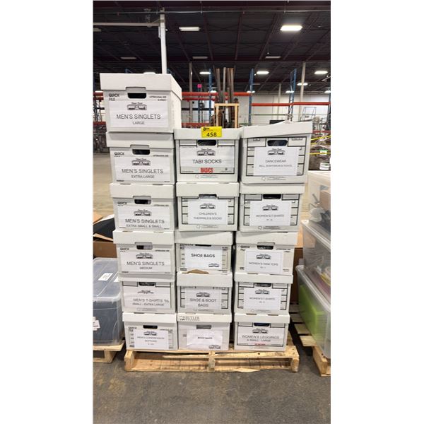 PALLET OF ASSORTED WARDROBE INCLUDING; MEN'S SINGLETS, TABI SOCKS, SHOE & BOOT BAGS & MORE
