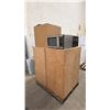 Image 1 : PALLET OF WOOD PEDESTALS, MICROWAVES & MORE