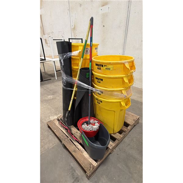 PALLET OF ASSORTED BRUTE WASTE BINS, MOP & BUCKET, RAKE & MORE
