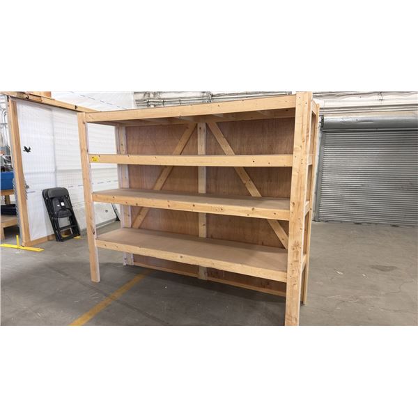 4-TIER WOOD SHELVING UNIT 79" H X 97.5" W X 25" DEEP