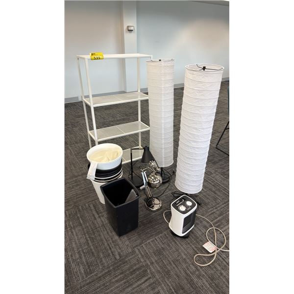 SHELVING UNIT, FLOOR LAMPS, DESK HEATER & MORE