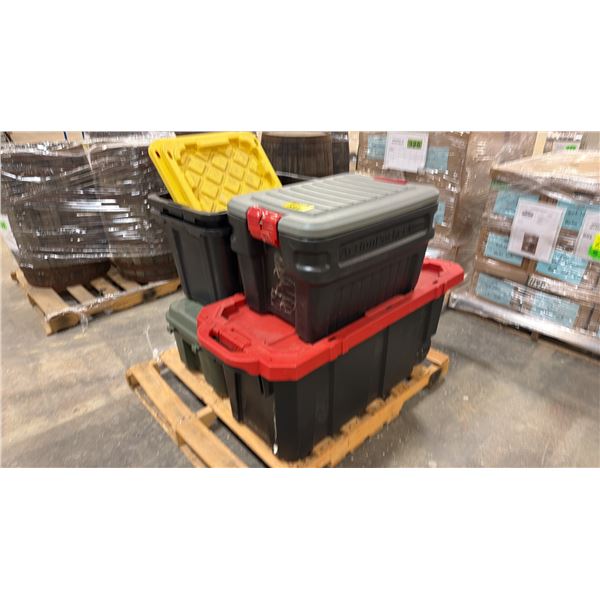 PALLET OF ASSORTED TOTES WITH LIDS & PLANO SPORTSMEN TRUNK