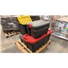 Image 1 : PALLET OF ASSORTED TOTES WITH LIDS & PLANO SPORTSMEN TRUNK