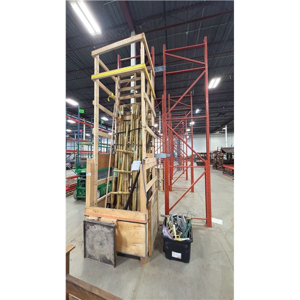 METAL BAMBOO POLES & BIN OF METAL POST CONNECTORS 145"H X 45" W X 45" D