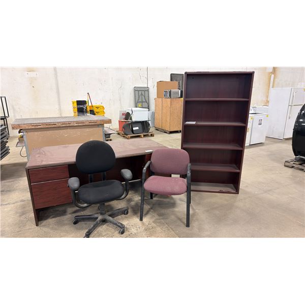 WOOD 2-DRAWER DESK WITH BOOKSHELF, ROLLING OFFICE CHAIR & OFFICE CHAIR