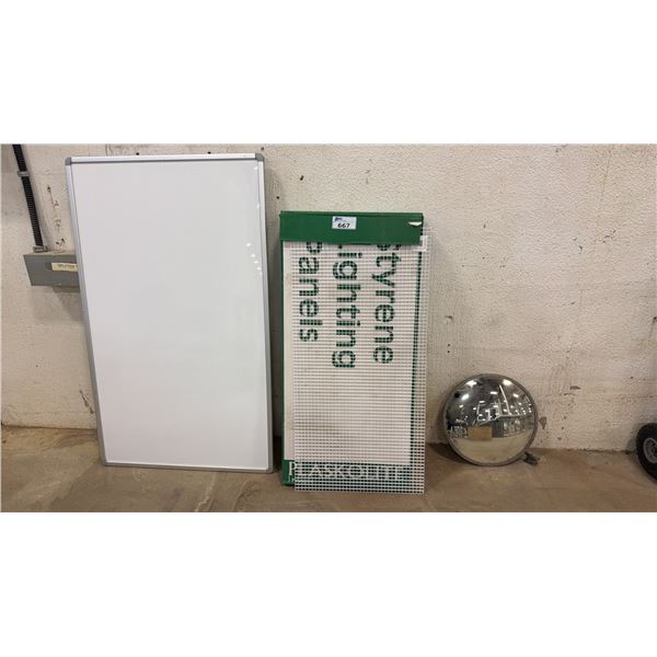 ASSORTED ITEMS INCLUDING; WHITEBOARD, SIGNS, MESH SHELF & CONVEX MIRROR