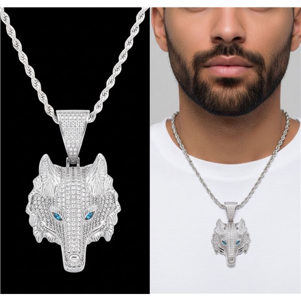 Silver/Rhodium 20" Rope Style Necklace W/ Wolf Hea