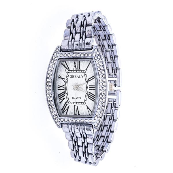 Stanless Steel Oblong Case Qtz. Watch w/ Gemstone