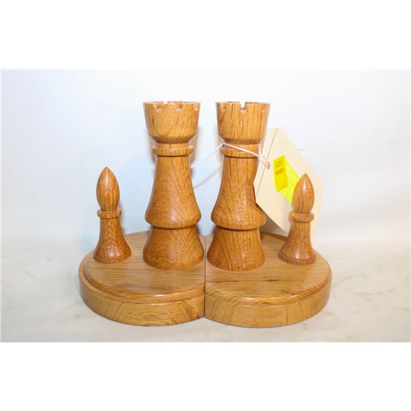 PAIR OF WOOD CARVED CHESS PCS BOOK ENDS