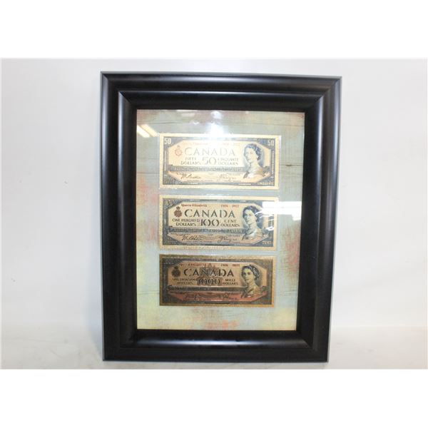 FRAMED DISPLAY OF QE II UK & CANADA