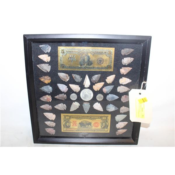 FRAMED DISPLAY - 36 ARROWHEADS, COINS &