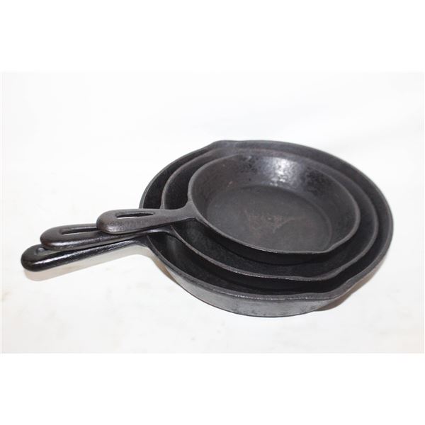 3 CAST IRON FRYING SKILLETS, 10" - 8.5" -  6.5"