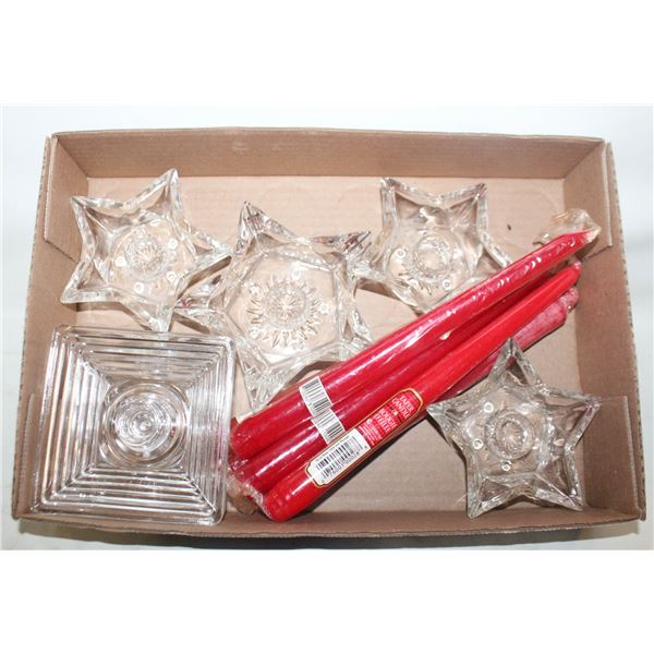6 CRYSTAL STAR CANDLESTICK HOLDERS & 6 NEW SEALED