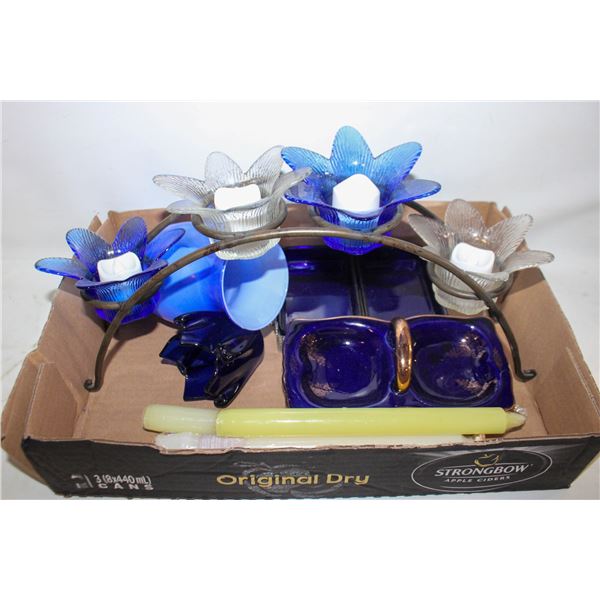 COBALT BLUE GLASS CANDLE HOLDERS, SERVING