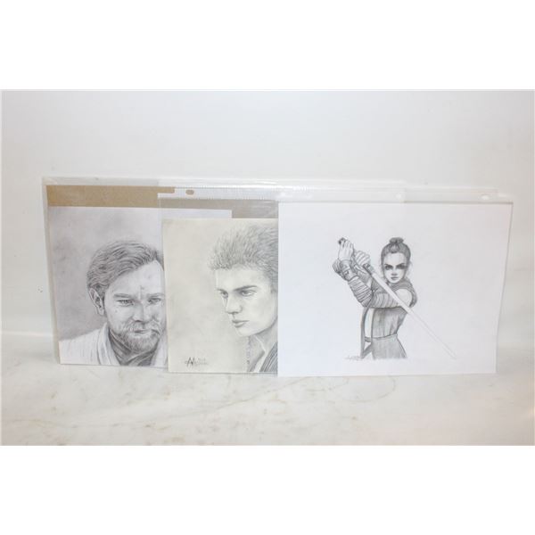 LOT OF 4 ORIGINAL STAR WARS PENCIL ART, ARTIST SIG