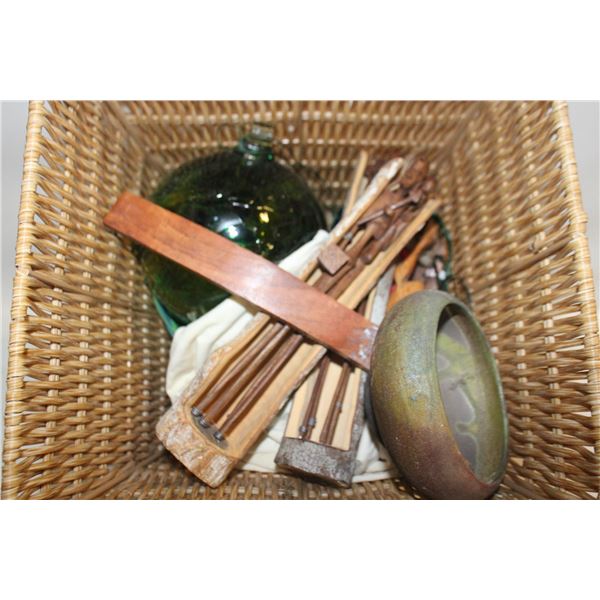 WICKER BASKET W/AFRICAN STATUES ETC.