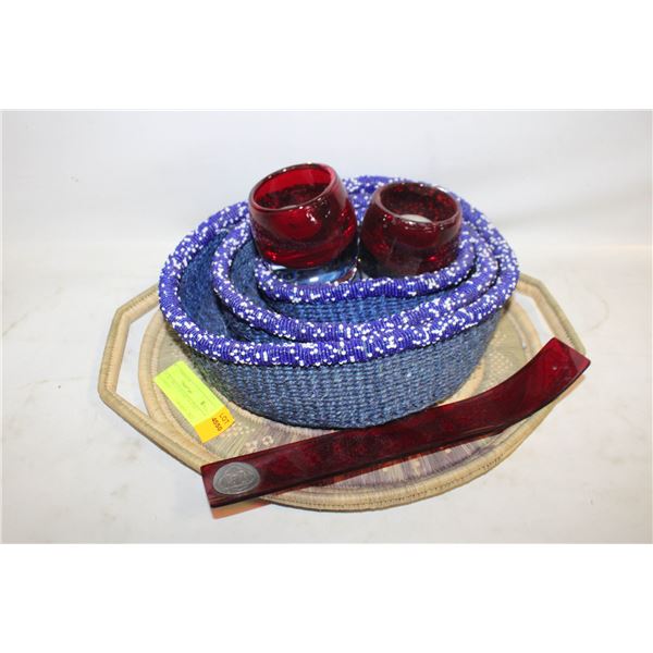 TRAY W/3 BLUE BASKETS AND 2 RED CANDLE