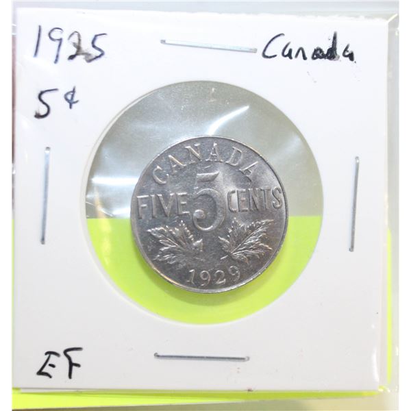 1929 CANADA 5 CENTS COIN, EXTRA FINE CONDITION