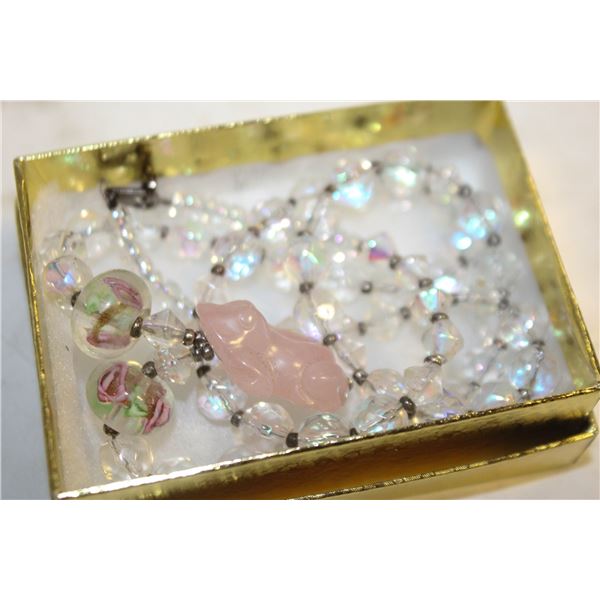 ROSE QUARTZ FROG AURORA CRYSTAL NECKLACE-ESTATE