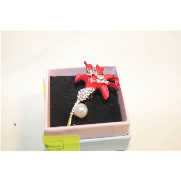 NEW RED LILLY BROOCH 2.36”X1.36” RHINESTONE